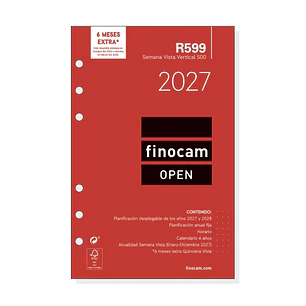 Finocam R599 Recambio para Agenda Open - Anual 2027 - Semana Vista Vertical - Formato 500 - 117x181mm - 6 Taladros - Papel de 80g/m2 - Color Blanco