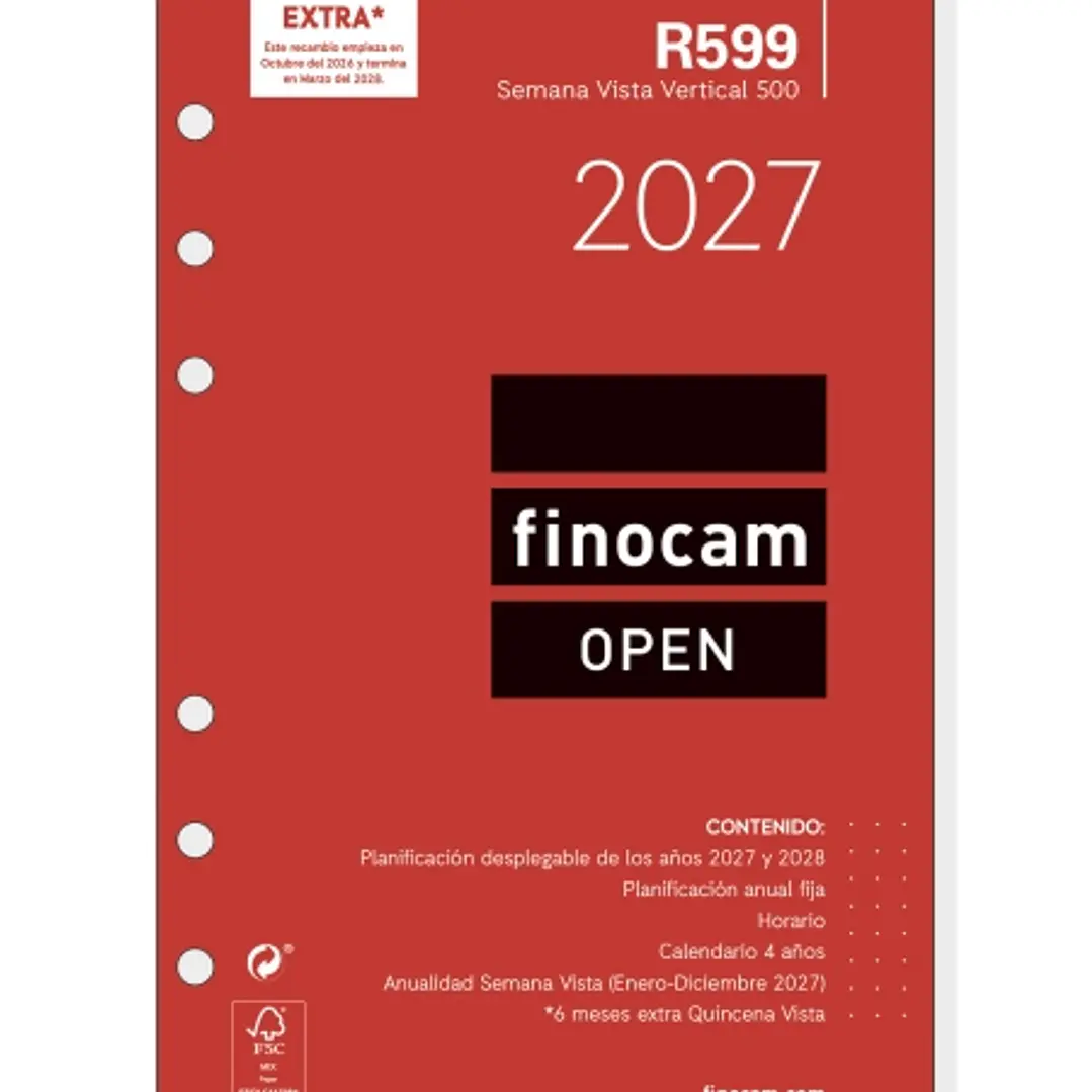 Finocam R599 Recambio para Agenda Open - Anual 2027 - Semana Vista Vertical - Formato 500 - 117x181mm - 6 Taladros - Papel de 80g/m2 - Color Blanco 1