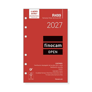 Finocam R499 Recambio para Agenda Open - Anual 2027 - Semana Vista Vertical - Formato 400 - 91x152mm - 6 Taladros - Papel de 80g/m2 - Color Blanco