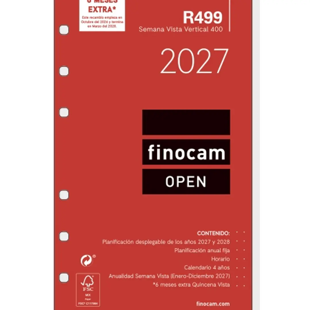 Finocam R499 Recambio para Agenda Open - Anual 2027 - Semana Vista Vertical - Formato 400 - 91x152mm - 6 Taladros - Papel de 80g/m2 - Color Blanco 1