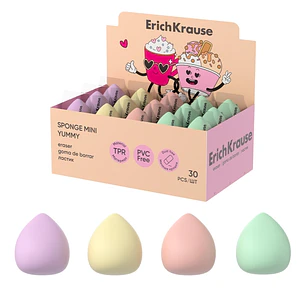 ErichKrause Sponge Mini Yummy Expositor con 30 Gomas de Borrar - Caucho Termoplastico - No Deja Residuos - No Rasga el Papel - Libre de PVC - Colores 
