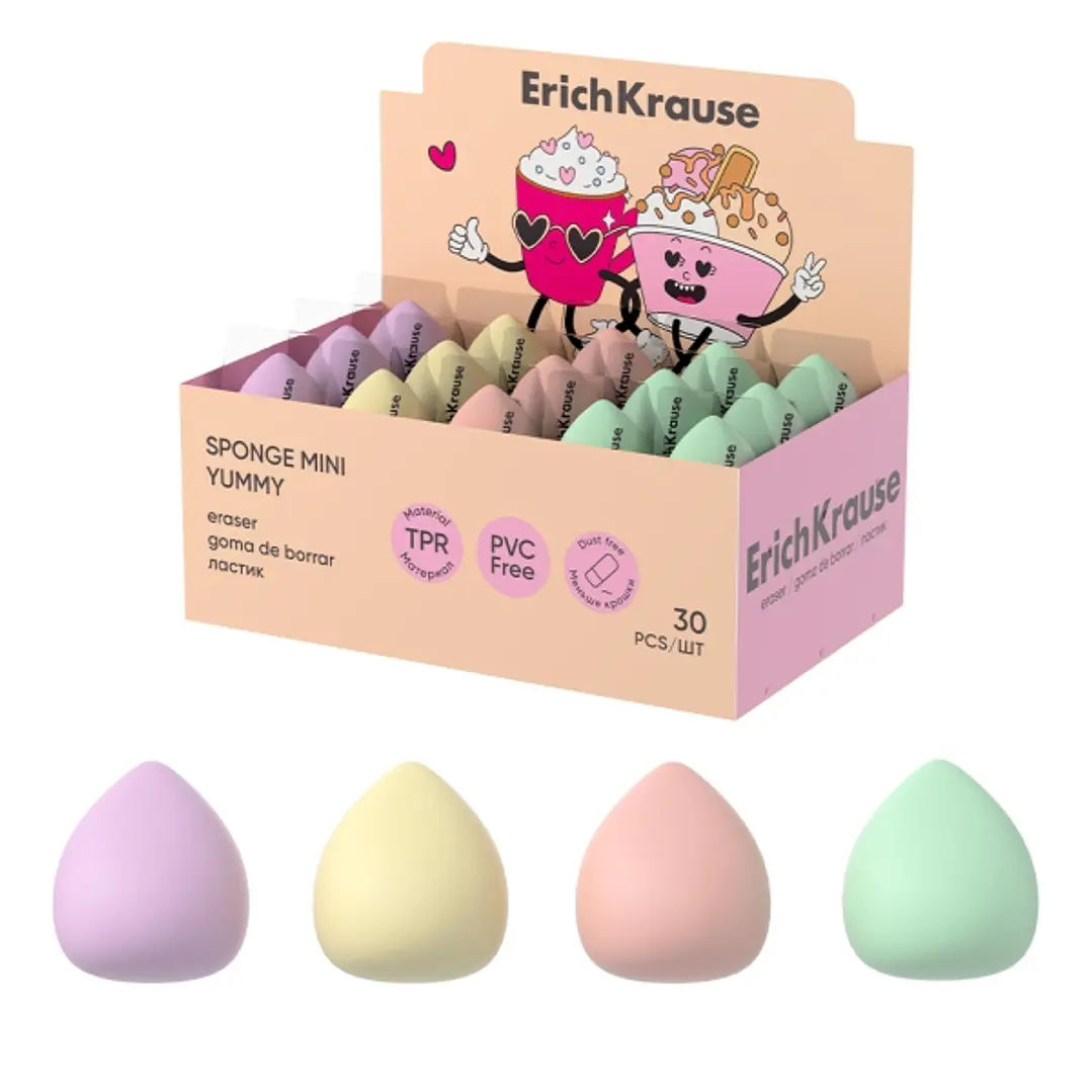 ErichKrause Sponge Mini Yummy Expositor con 30 Gomas de Borrar - Caucho Termoplastico - No Deja Residuos - No Rasga el Papel - Libre de PVC - Colores  1