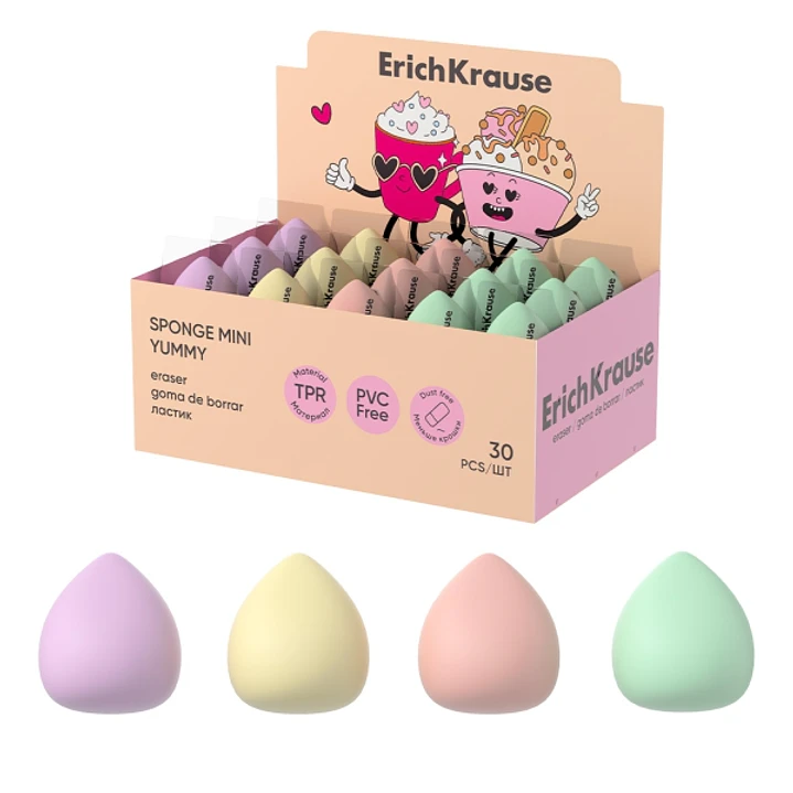 ErichKrause Sponge Mini Yummy Expositor con 30 Gomas de Borrar - Caucho Termoplastico - No Deja Residuos - No Rasga el Papel - Libre de PVC - Colores  1