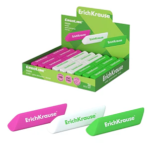 ErichKrause ErgoLine Prism Expositor con 36 Gomas de Borrar - Caucho Termoplastico - Hipoalergenico - No Deja Residuos - Libre de PVC - Colores Surtid