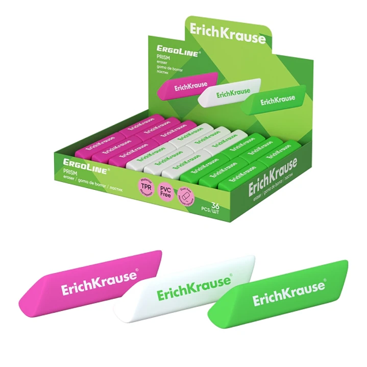 ErichKrause ErgoLine Prism Expositor con 36 Gomas de Borrar - Caucho Termoplastico - Hipoalergenico - No Deja Residuos - Libre de PVC - Colores Surtid 1