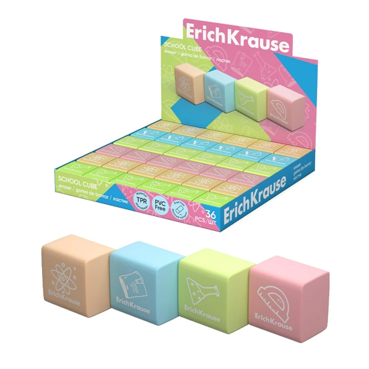 ErichKrause School Cube Expositor con 36 Gomas de Borrar - Caucho Termoplastico - No Deja Residuos - No Rasga el Papel - Libre de PVC - Colores Surtid 1