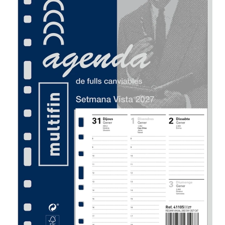 Finocam Recambio Anual para Agenda Multifin en Catalan - Anual 2027 - Semana Vista Vertical - Formato 3002 - 155x215mm - 11 Taladros - Papel de 80g/m2 1
