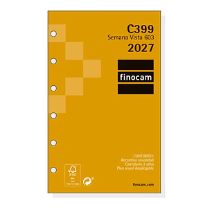 Finocam C399 Recambio para Agenda Classic - Anual 2027 - Semana Vista Horizontal - Formato 603 - 79x127mm - 6 Taladros - Papel de 80g/m2 - Esquinas Mi