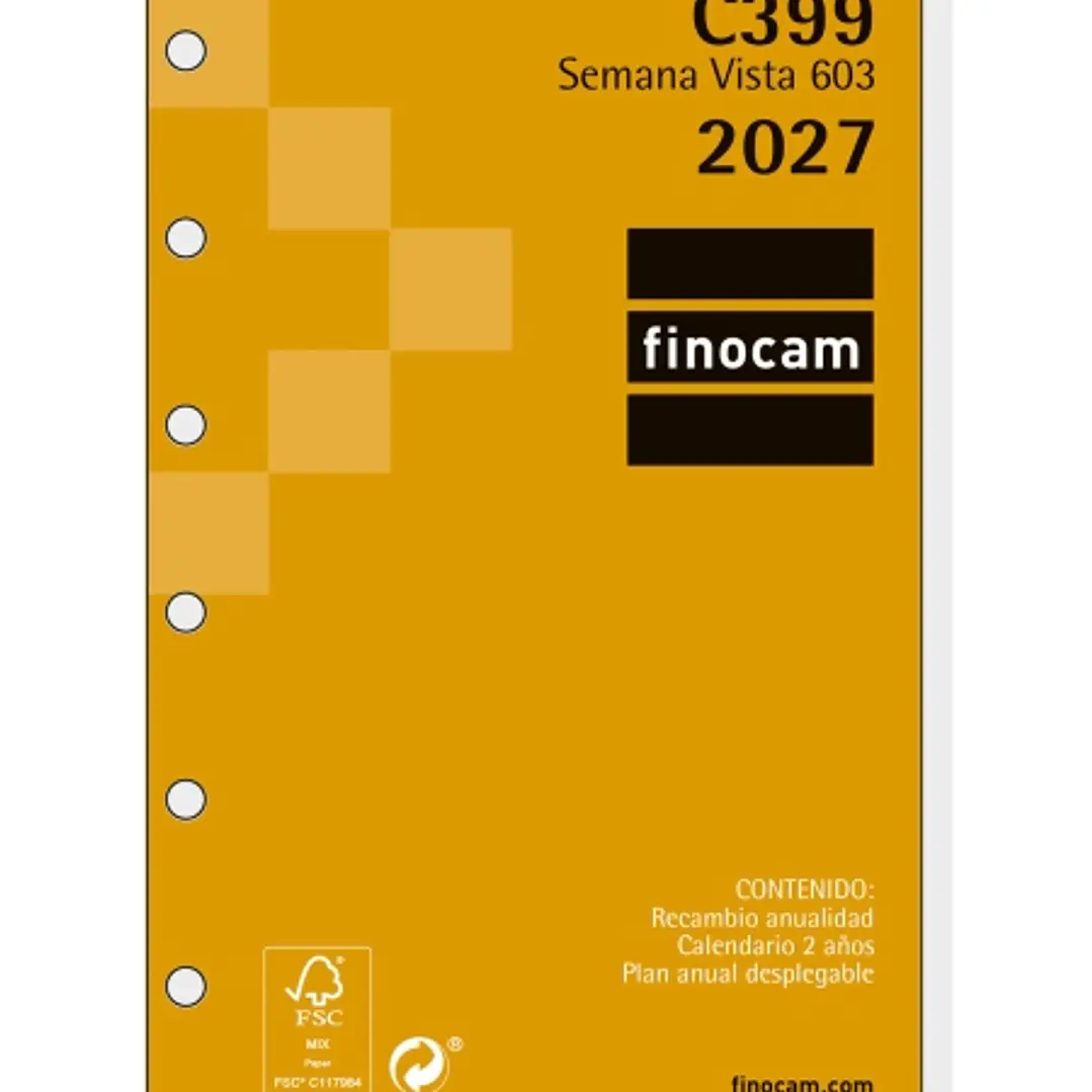 Finocam C399 Recambio para Agenda Classic - Anual 2027 - Semana Vista Horizontal - Formato 603 - 79x127mm - 6 Taladros - Papel de 80g/m2 - Esquinas Mi 1