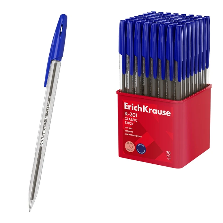 ErichKrause R-301 Stick Classic Boligrafo con Capuchon - Punta de 1.0mm - Cuerpo Transparente - Trazo 0.5mm - Tinta de Secado Rapido - Tapa Ventilada  1