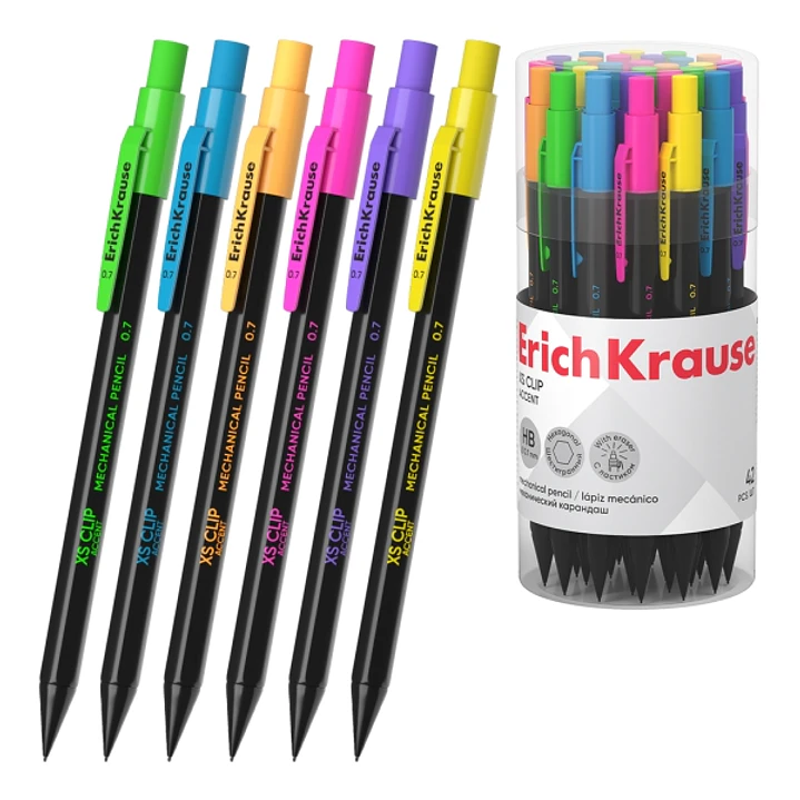 ErichKrause XS Clip Accent Portaminas - Mina HB de 0.7mm - Goma de Borrar Integrada - Cuerpo Hexagonal - Colores Surtidos 1