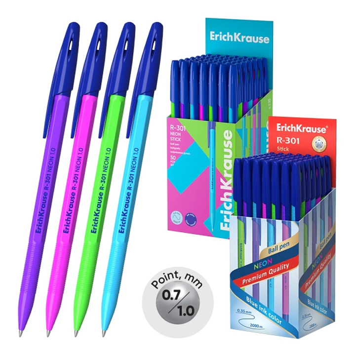 ErichKrause R-301 Stick Neon Boligrafo con Capuchon - Modelos Surtidos - Trazo 0.5mm - Tinta de Secado Rapido - Tapa Ventilada - Color Azul 1