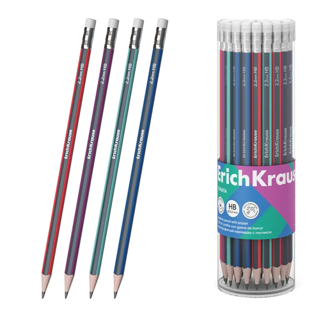 ErichKrause Sonata Lapiz de Grafito con Goma de Borrar - Mina HB - Cuerpo Triangular - Facil Afilado - Agarre Ergonomico - Colores Surtidos 1