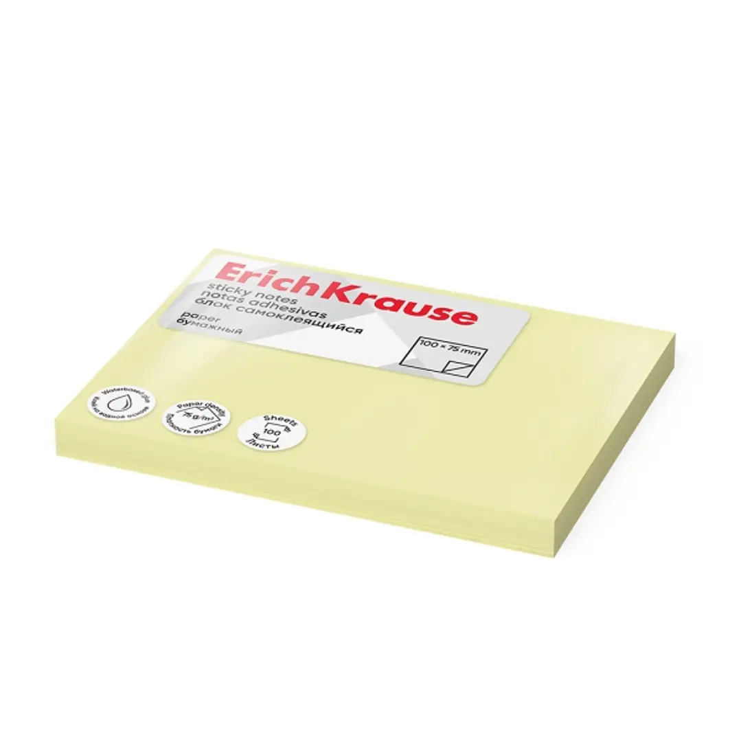 ErichKrause Bloc de 100 Notas Adhesivas Reposicionables - Papel de 75g/m2 - 75x100mm - Pegamento a Base de Agua - Color Amarillo 1