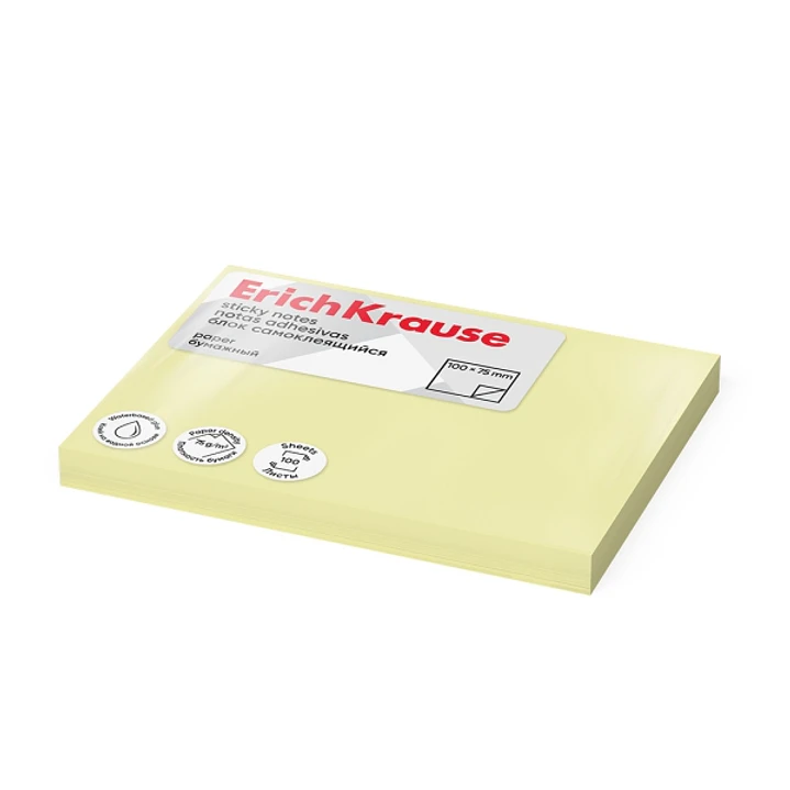ErichKrause Bloc de 100 Notas Adhesivas Reposicionables - Papel de 75g/m2 - 75x100mm - Pegamento a Base de Agua - Color Amarillo 1
