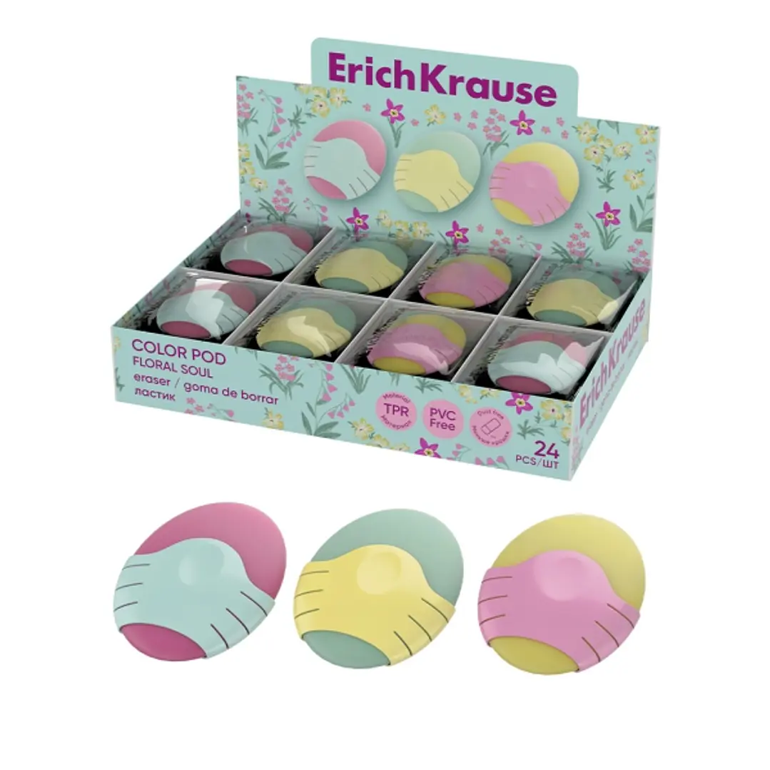 ErichKrause Color Pod Floral Soul Expositor con 30 Gomas de Borrar - Caucho Termoplastico - Hipoalergenico - Libre de Polvo y PVC - Borrado Suave - Co 1