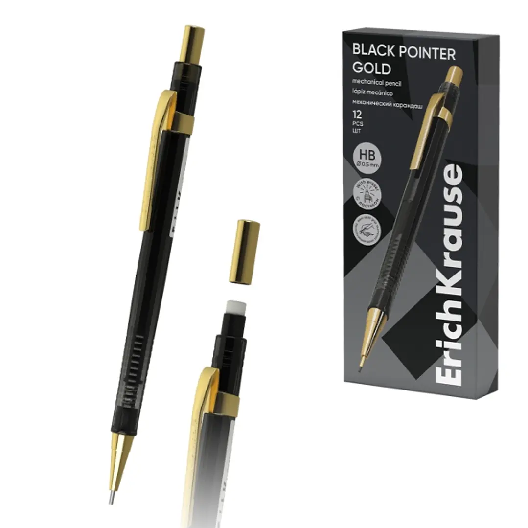 ErichKrause Black Pointer Gold Portaminas - Mina HB de 0.5mm - Goma de Borrar Integrada - Color Negro 1
