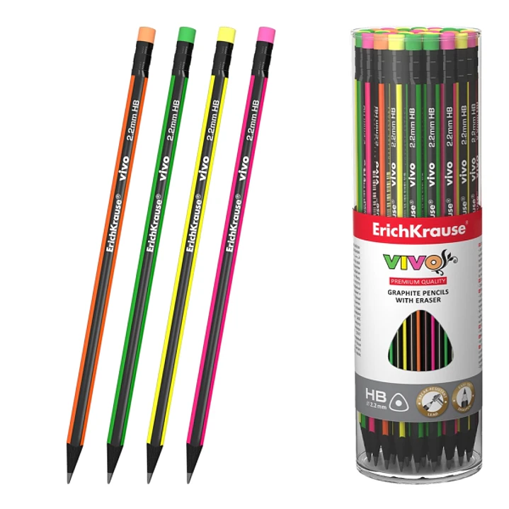 ErichKrause VIVO Lapiz de Grafito con Goma de Borrar - Mina HB - Cuerpo Triangular - Facil Afilado - Agarre Ergonomico - Colores Surtidos 1
