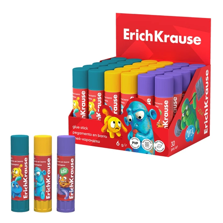 ErichKrause EasyStick Jolly Friends Expositor con 30 Pegamentos en Barra - 6g - Multisuperficie - Color Blanco 1