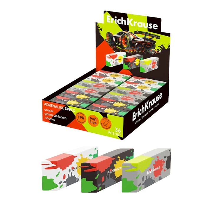 ErichKrause Adrenaline Speed Expositor con 36 Gomas de Borrar - Caucho Termoplastico - No Deja Residuos - Libre de PVC - Colores Surtidos 1