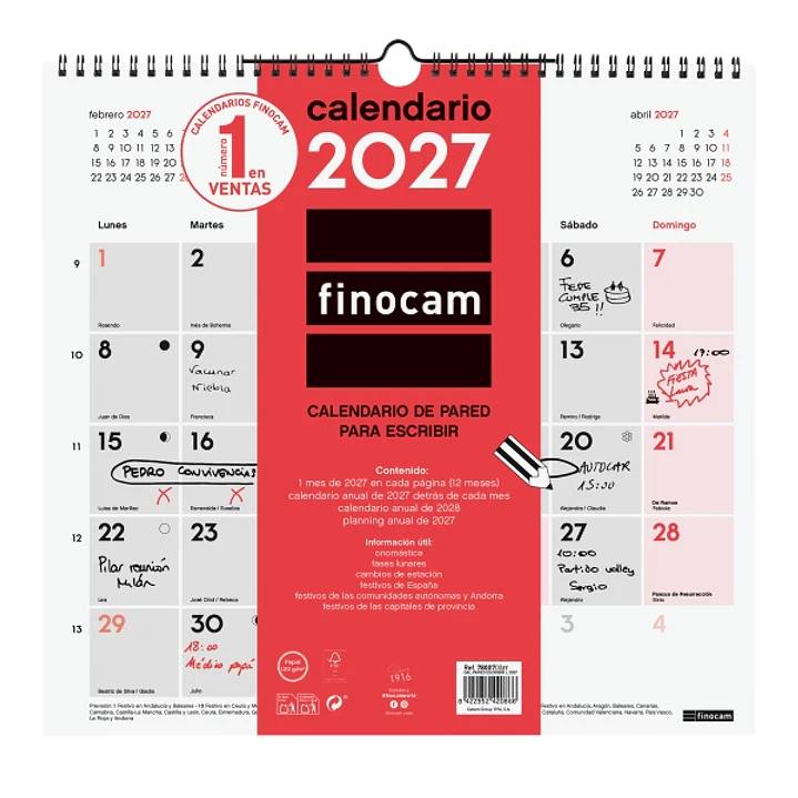 Finocam Neutro Calendario de Pared - Anual 2027 - Mes Vista - Formato L - 340x320mm - Espiral Doble - Papel de 120g/m2 - Espacio para Escribir - Color 1