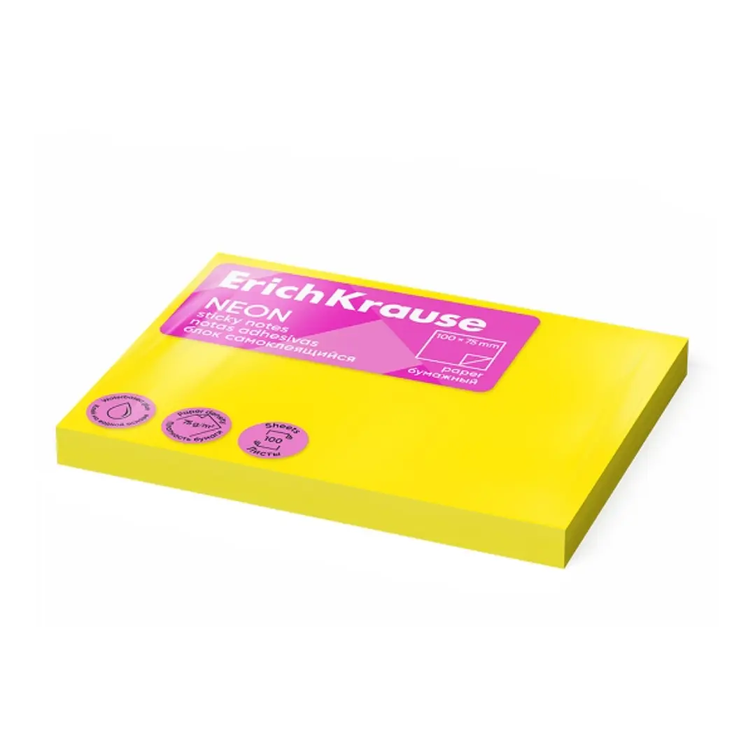 ErichKrause Neon Bloc de 100 Notas Adhesivas Reposicionables - Papel de 75g/m2 - 75x100mm - Pegamento a Base de Agua - Color Amarillo 1