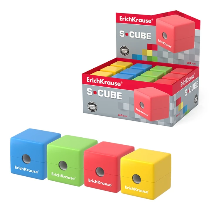 ErichKrause S-Cube Neon Expositor con 24 Sacapuntas con Contenedor - Plastico - Cuchilla Niquelada de Acero al Carbono - Orificio de 8mm - Colores Sur 1