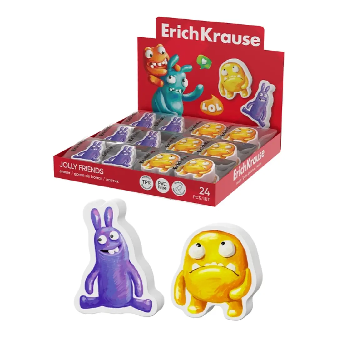ErichKrause Jolly Friends Expositor con 24 Gomas de Borrar - Caucho Termoplastico - No Deja Residuos - Libre de PVC - Color Varios 1