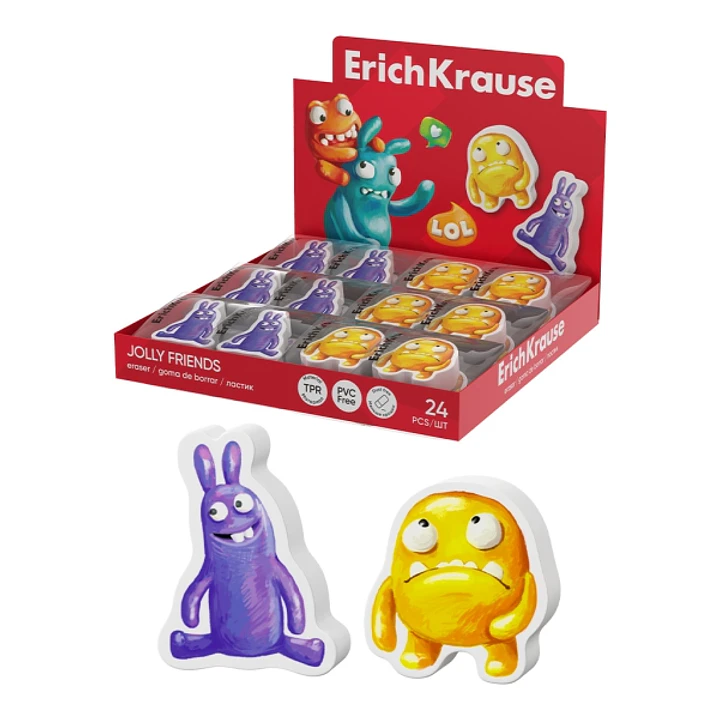 ErichKrause Jolly Friends Expositor con 24 Gomas de Borrar - Caucho Termoplastico - No Deja Residuos - Libre de PVC - Color Varios 1