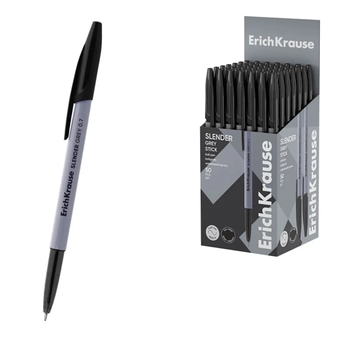 ErichKrause Slender Stick Grey Boligrafo con Capuchon - Punta de Aguja 0.7mm - Cuerpo Opaco Gris - Trazo 0.26mm - Tinta de Baja Viscosidad - Tapa Vent 1