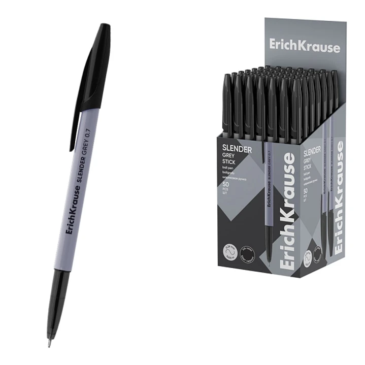 ErichKrause Slender Stick Grey Boligrafo con Capuchon - Punta de Aguja 0.7mm - Cuerpo Opaco Gris - Trazo 0.26mm - Tinta de Baja Viscosidad - Tapa Vent 1