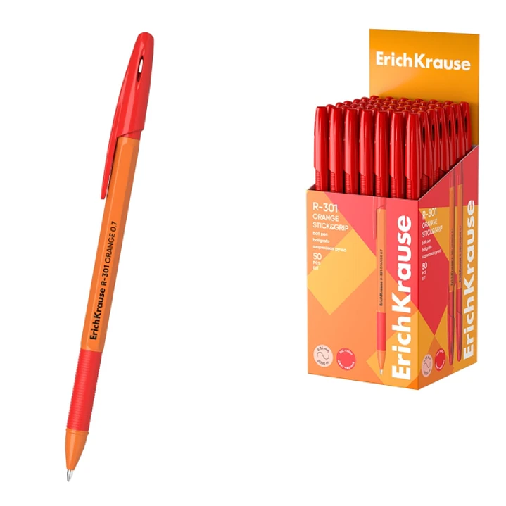 ErichKrause R-301 Stick and Grip Orange Boligrafo con Capuchon - Punta de 0.7mm - Cuerpo Opaco Naranja - Trazo 0.35mm - Zona de Agarre de Goma - Color 1
