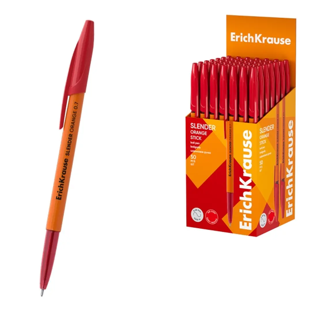 ErichKrause Slender Stick Orange Boligrafo con Capuchon - Punta de Aguja 0.7mm - Cuerpo Opaco Naranja - Trazo 0.26mm - Tinta de Baja Viscosidad - Tapa 1