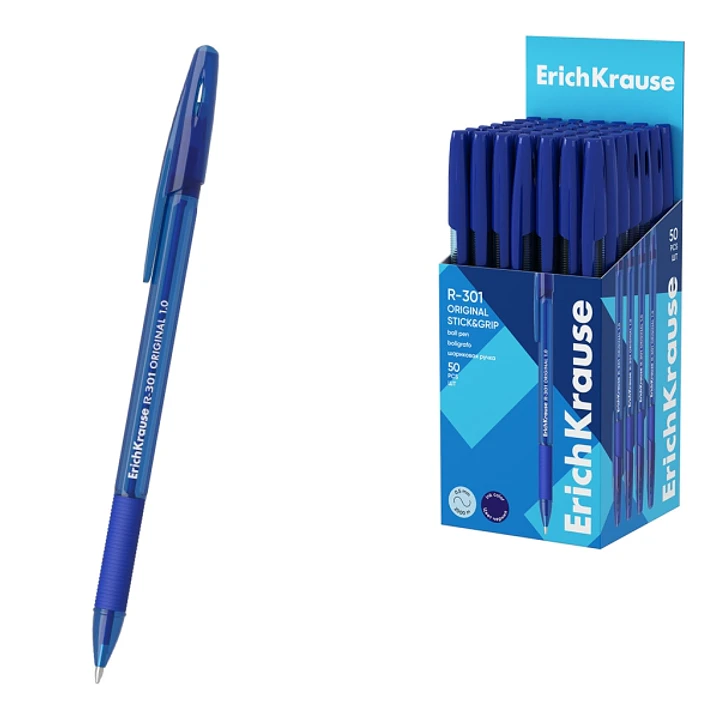 ErichKrause R-301 Stick and Grip Original Boligrafo con Capuchon - Punta de 1.0mm - Cuerpo Transparente - Trazo 0.5mm - Zona de Agarre de Goma - Tinta 1