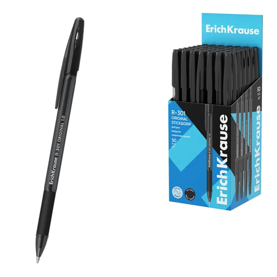 ErichKrause R-301 Stick and Grip Original Boligrafo con Capuchon - Punta de 1.0mm - Cuerpo Transparente - Trazo 0.5mm - Zona de Agarre de Goma - Tinta 1