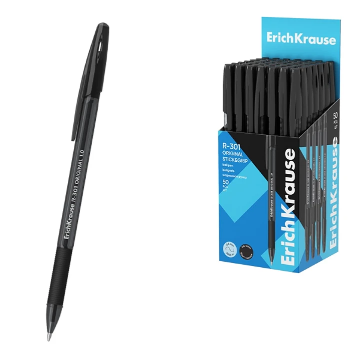 ErichKrause R-301 Stick and Grip Original Boligrafo con Capuchon - Punta de 1.0mm - Cuerpo Transparente - Trazo 0.5mm - Zona de Agarre de Goma - Tinta 1