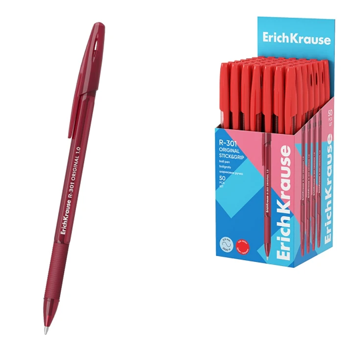 ErichKrause R-301 Stick and Grip Original Boligrafo con Capuchon - Punta de 1.0mm - Cuerpo Transparente - Trazo 0.5mm - Zona de Agarre de Goma - Tinta 1