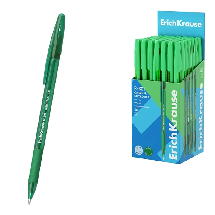 ErichKrause R-301 Stick and Grip Original Boligrafo con Capuchon - Punta de 1.0mm - Cuerpo Transparente - Trazo 0.5mm - Zona de Agarre de Goma - Tinta 1