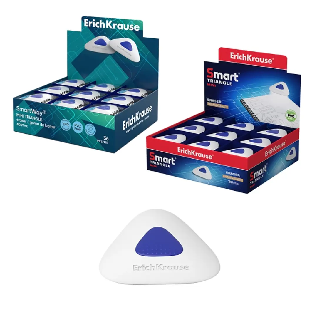 ErichKrause SmartWay Mini Triangular Expositor con 36 Gomas de Borrar - Caucho Termoplastico - Hipoalergenico - Libre de PVC - No Rasga el Papel - Col 1
