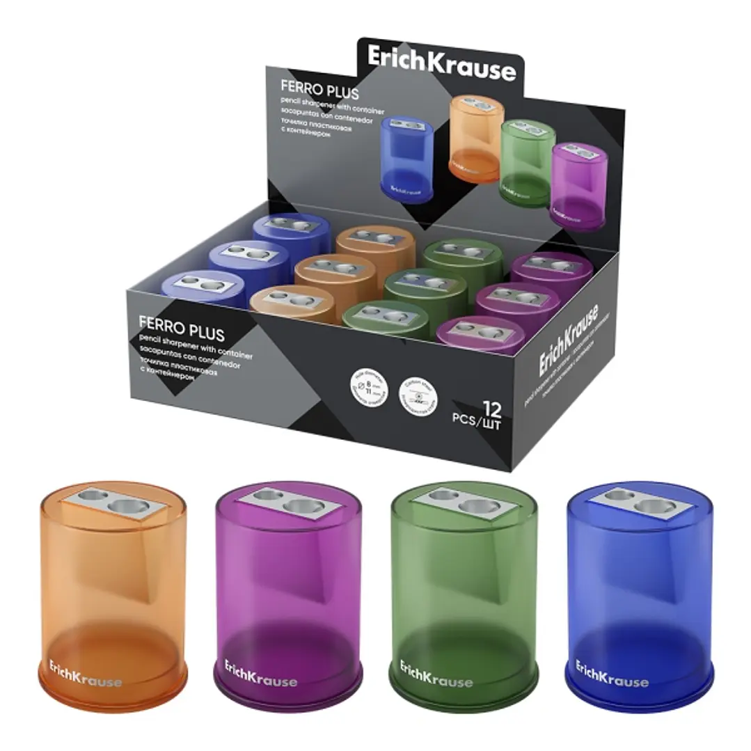 ErichKrause Ferro Container Plus Expositor con 12 Sacapuntas con Contenedor - Metalico - 2 Orificios de 8 y 11mm - Cuchilla Niquelada de Acero al Carb 1