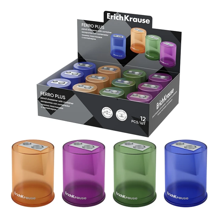 ErichKrause Ferro Container Plus Expositor con 12 Sacapuntas con Contenedor - Metalico - 2 Orificios de 8 y 11mm - Cuchilla Niquelada de Acero al Carb 1