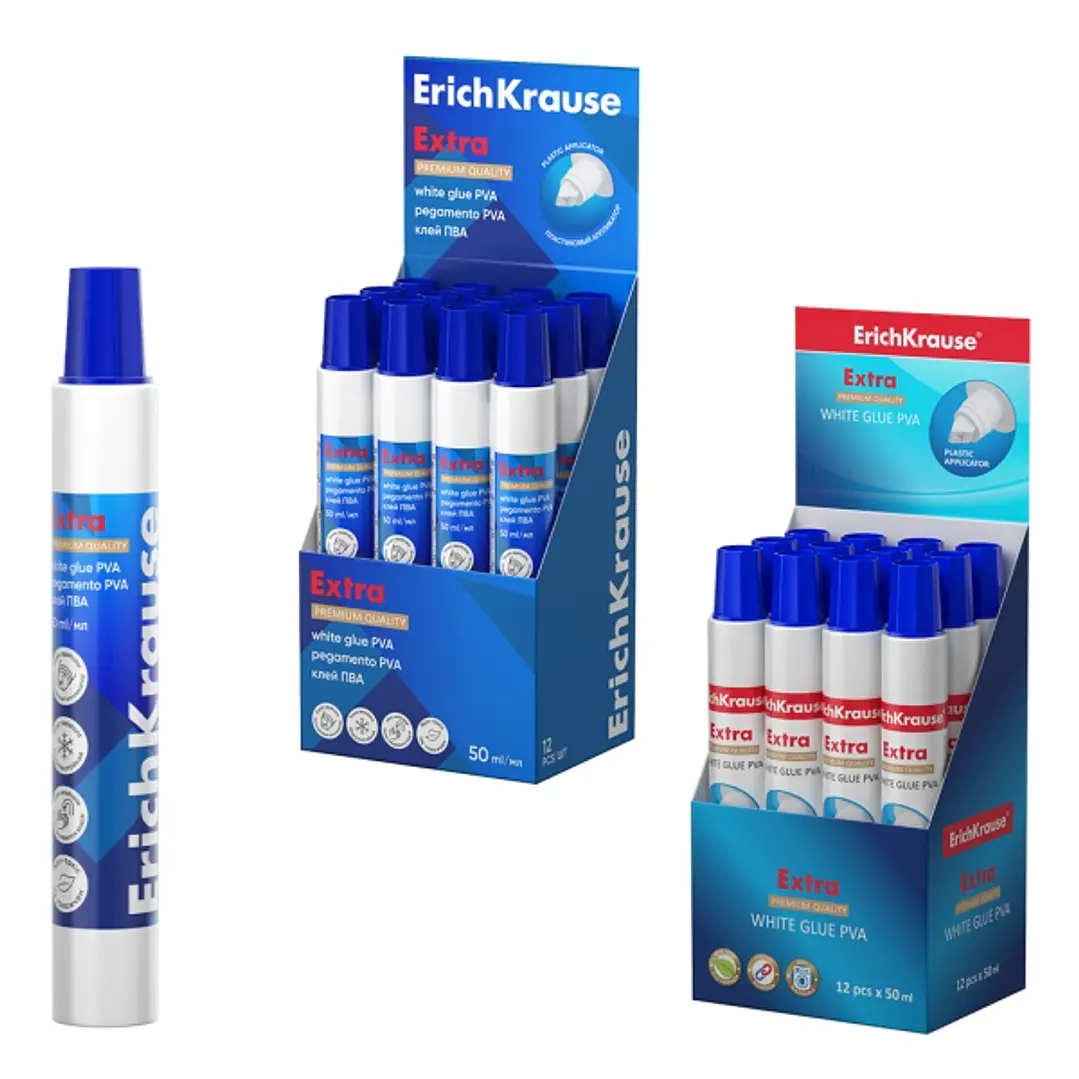ErichKrause Extra Expositor con 12 Botellas de Cola Blanca PVA - 50ml - No Toxico - sin Disolventes - Multisuperficie - Color Blanco 1