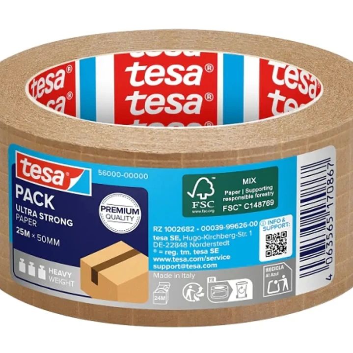 Tesa Ultra Strong Paper Precinto de Papel 50mm x 25m - Gran Adhesion, Alta Resistencia al Desgarro - Fabricado con un 52% de Materiales Renovables - P 1
