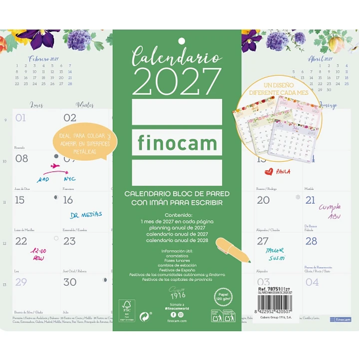 Finocam Design Calendario de Pared con Iman - Anual 2027 - Mes Vista - 250x200mm - Encolado - Papel de 120g/m2 - Espacio para Anotaciones - Multicolor 1