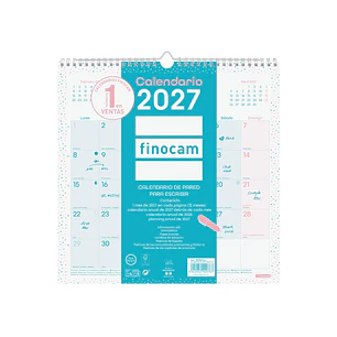 Finocam Chic Calendario de Pared - Anual 2027 - Mes Vista - 300x300mm - Espiral Doble - Papel de 120g/m2 - Espacio para Escribir - Color Turquesa