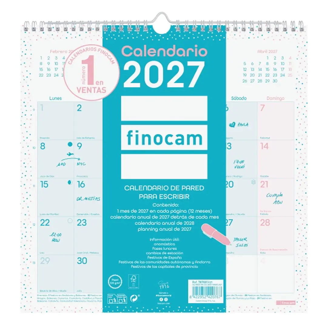 Finocam Chic Calendario de Pared - Anual 2027 - Mes Vista - 300x300mm - Espiral Doble - Papel de 120g/m2 - Espacio para Escribir - Color Turquesa 1