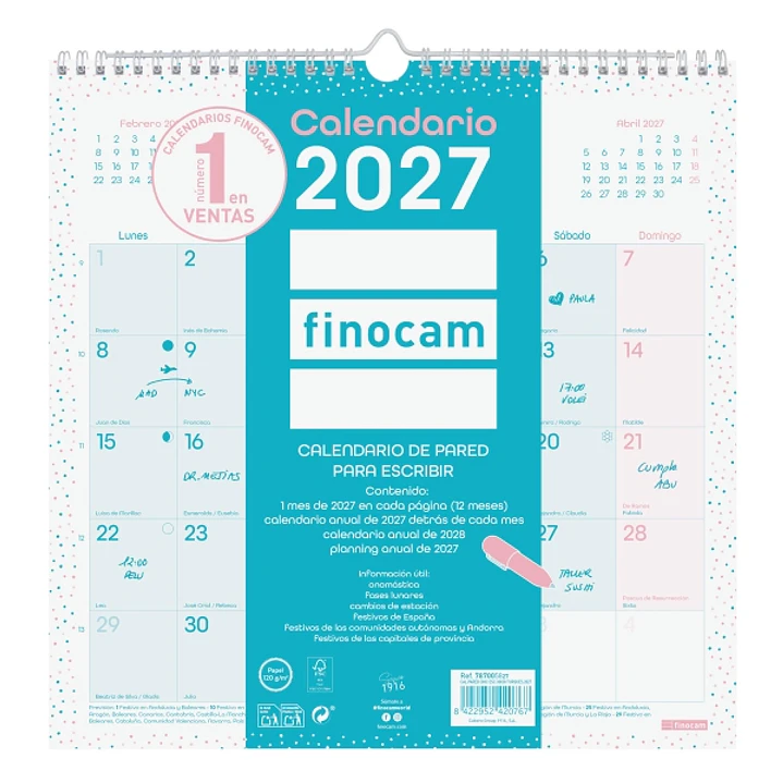 Finocam Chic Calendario de Pared - Anual 2027 - Mes Vista - 300x300mm - Espiral Doble - Papel de 120g/m2 - Espacio para Escribir - Color Turquesa 1