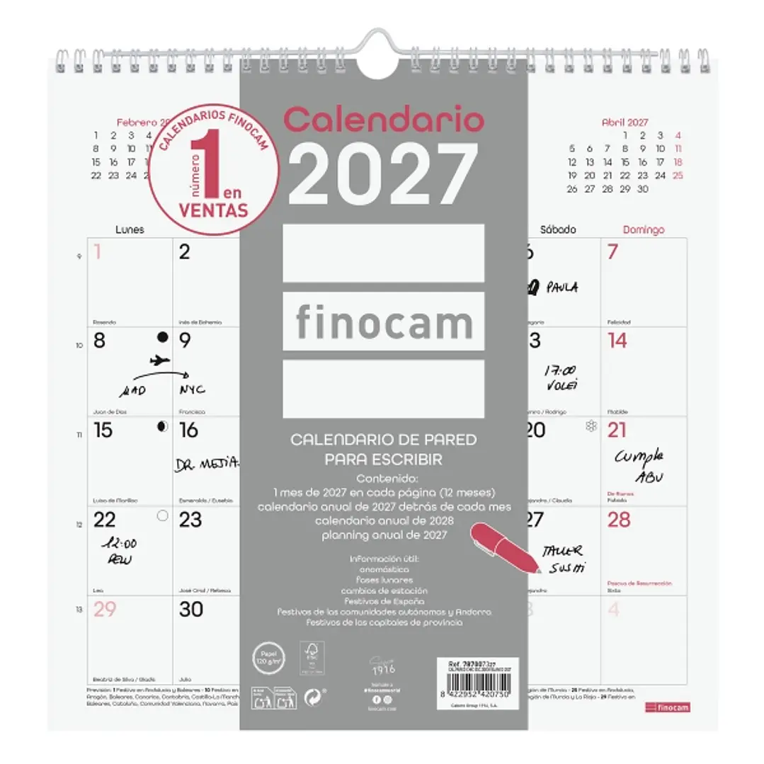 Finocam Chic Calendario de Pared - Anual 2027 - Mes Vista - 300x300mm - Espiral Doble - Papel de 120g/m2 - Espacio para Escribir - Color Blanco 1