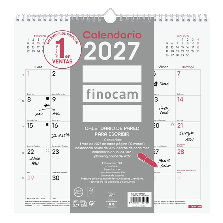 Finocam Chic Calendario de Pared - Anual 2027 - Mes Vista - 300x300mm - Espiral Doble - Papel de 120g/m2 - Espacio para Escribir - Color Blanco 1