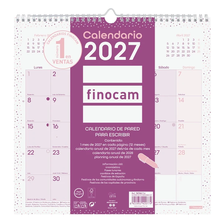 Finocam Chic Calendario de Pared - Anual 2027 - Mes Vista - 300x300mm - Espiral Doble - Papel de 120g/m2 - Espacio para Escribir - Color Morado 1